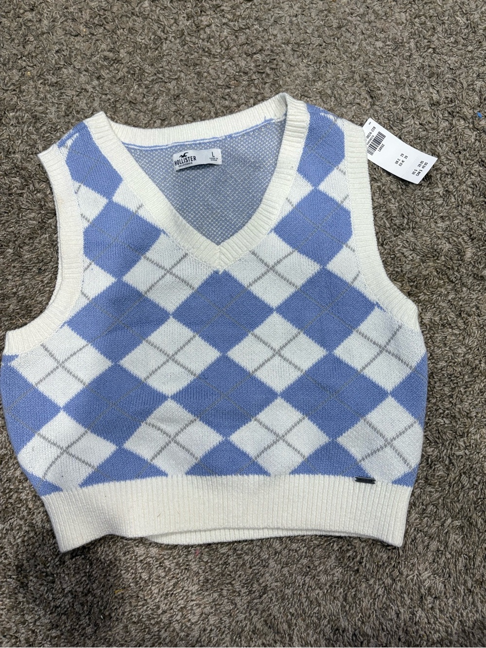 Hollister Blue & White Argyle V-Neck Sweater Vest